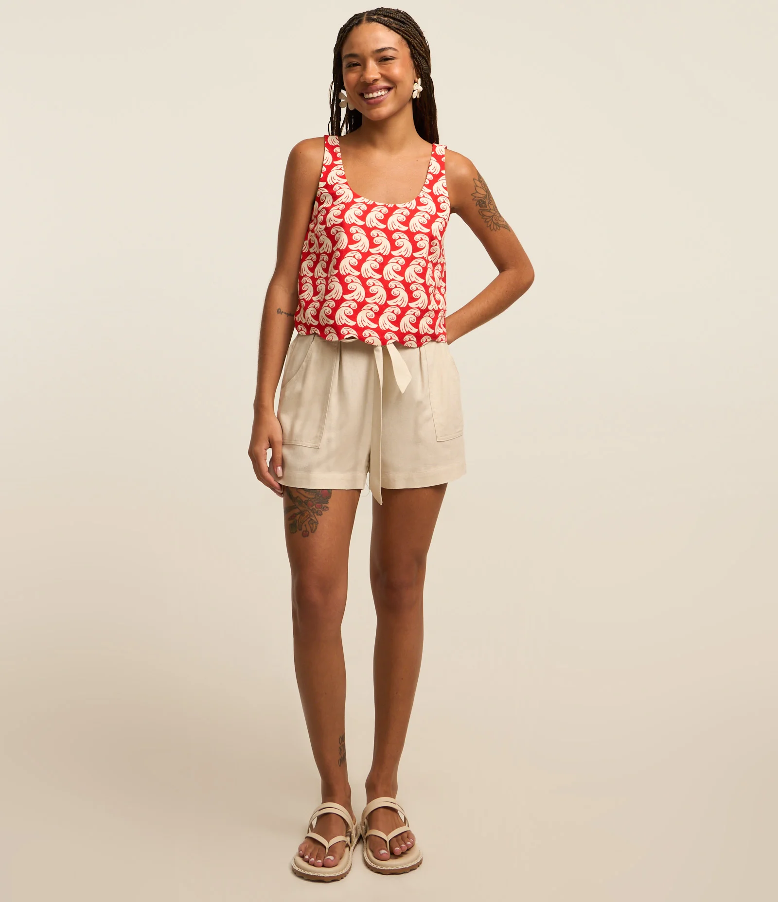 Blusa de Alça em Viscose e Linho e Estampa com Barra Ondulada Vermelho 2