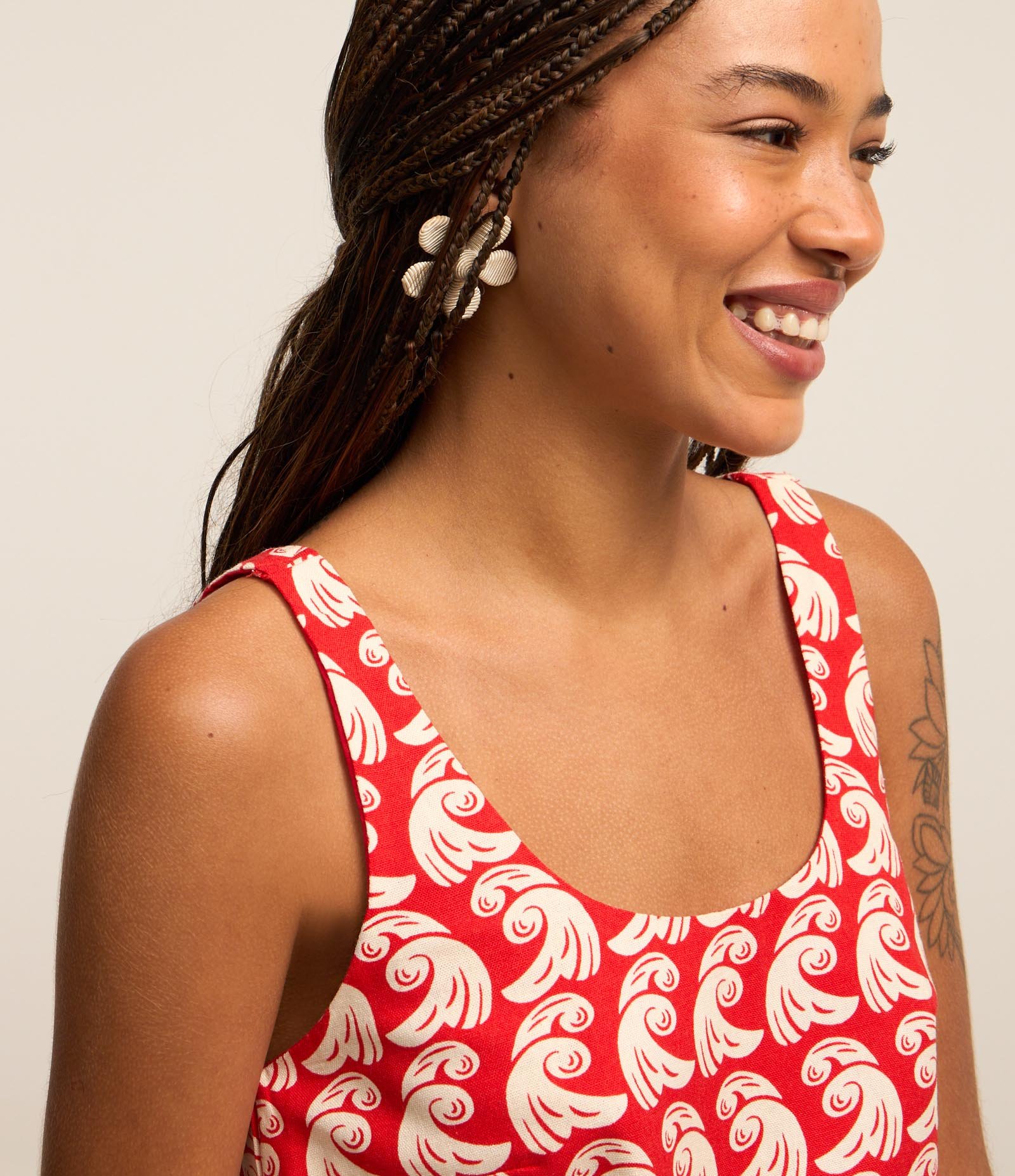 Blusa de Alça em Viscose e Linho e Estampa com Barra Ondulada Vermelho 3