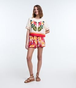 Short Runner em Viscose com Linho e Estampa Araras