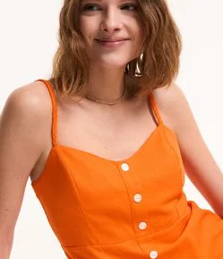 Vestido Curto em Viscose com Linho e Botões Frontais