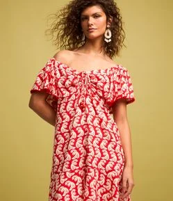 Vestido Curto em Viscose e Linho com Estampa de Ondinhas e Miçangas