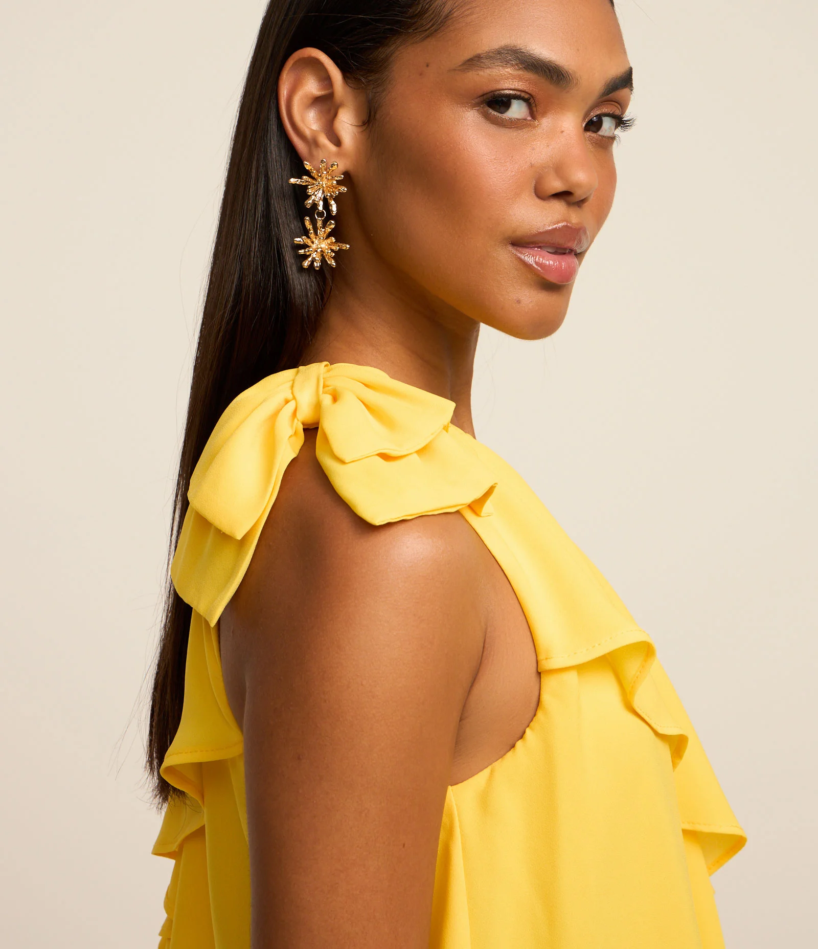 Vestido Ombro Só em Chiffon com Babados Amarelo 1