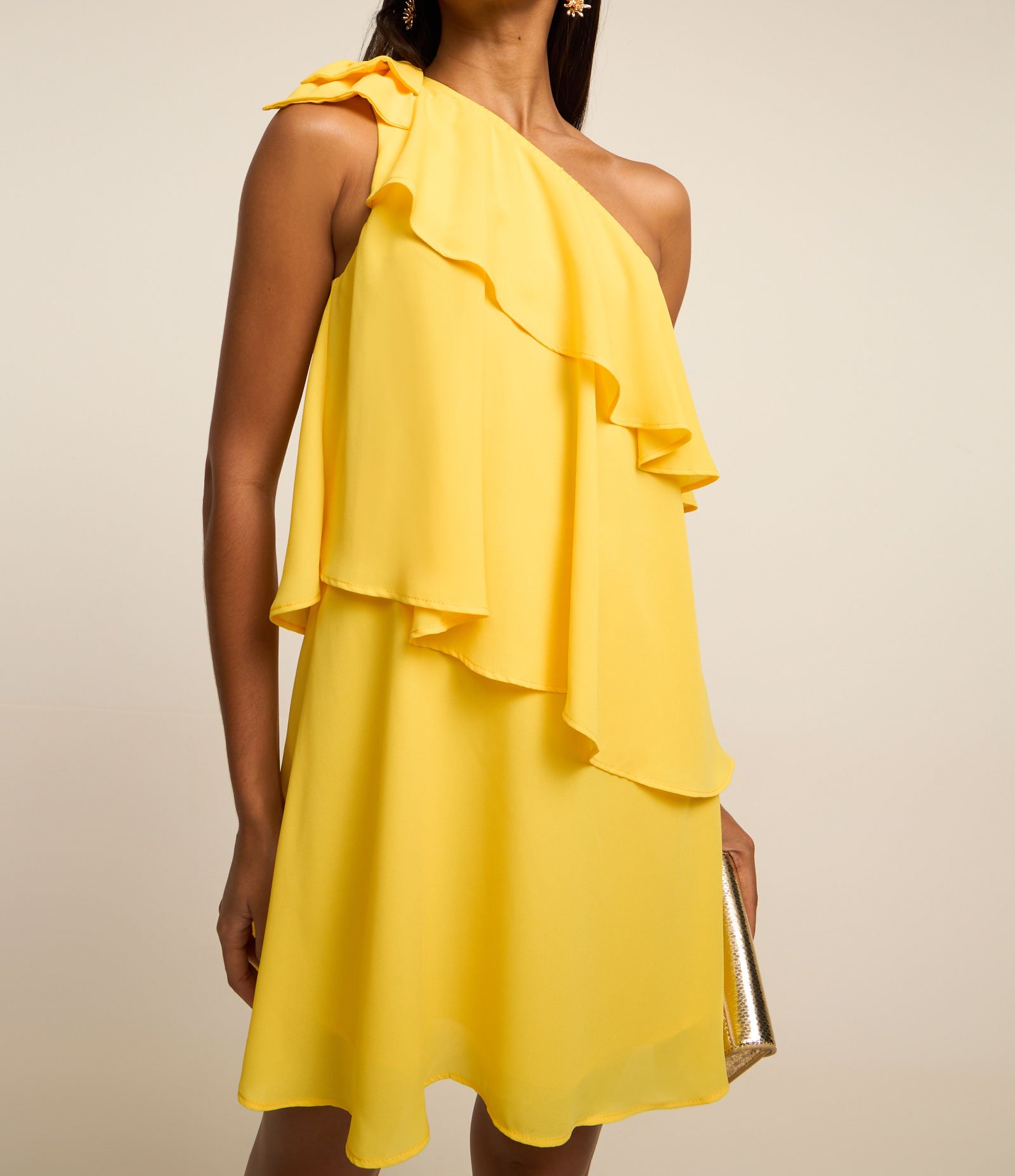 Vestido Ombro Só em Chiffon com Babados Amarelo 3