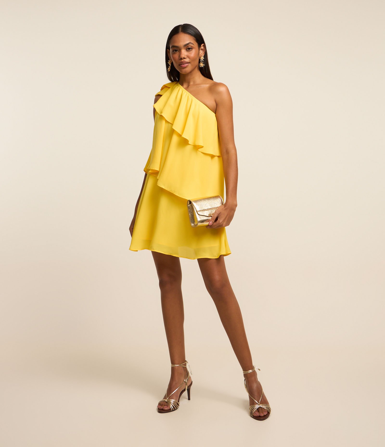 Vestido Ombro Só em Chiffon com Babados Amarelo 4