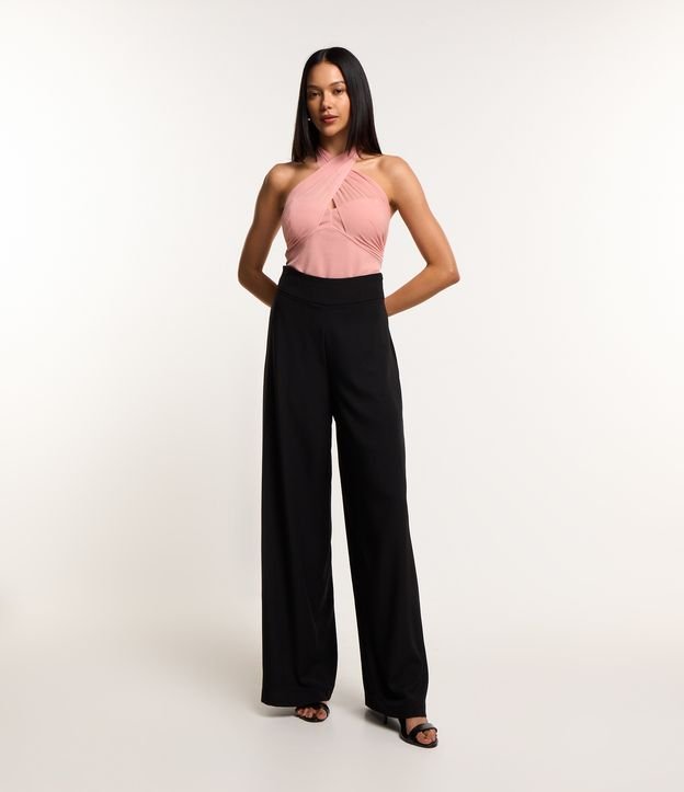 Body em Crepe com Tule e Decote Cruzado