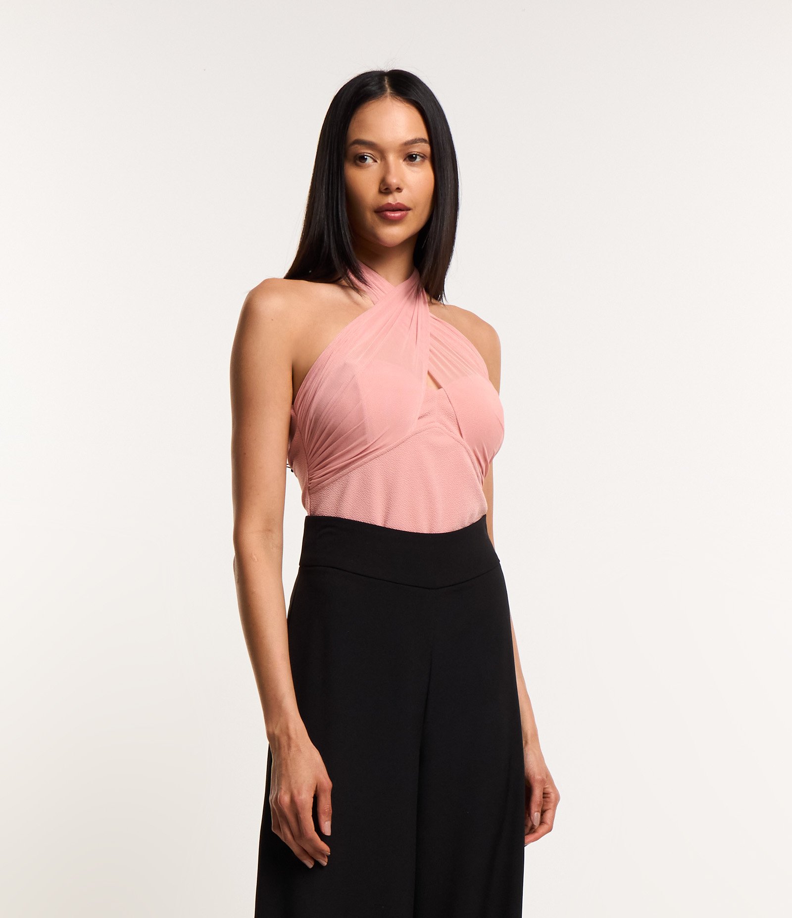 Body em Crepe com Tule e Decote Cruzado Rosa 1