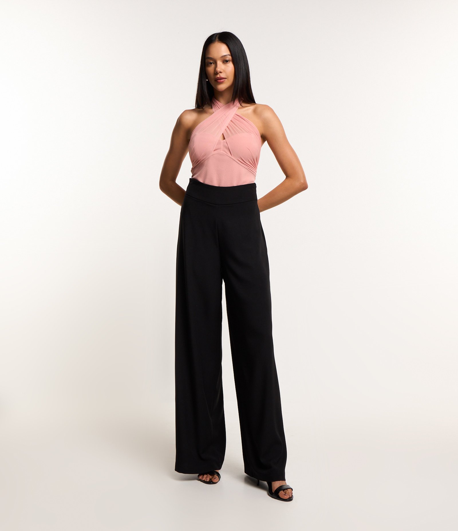 Body em Crepe com Tule e Decote Cruzado Rosa 2