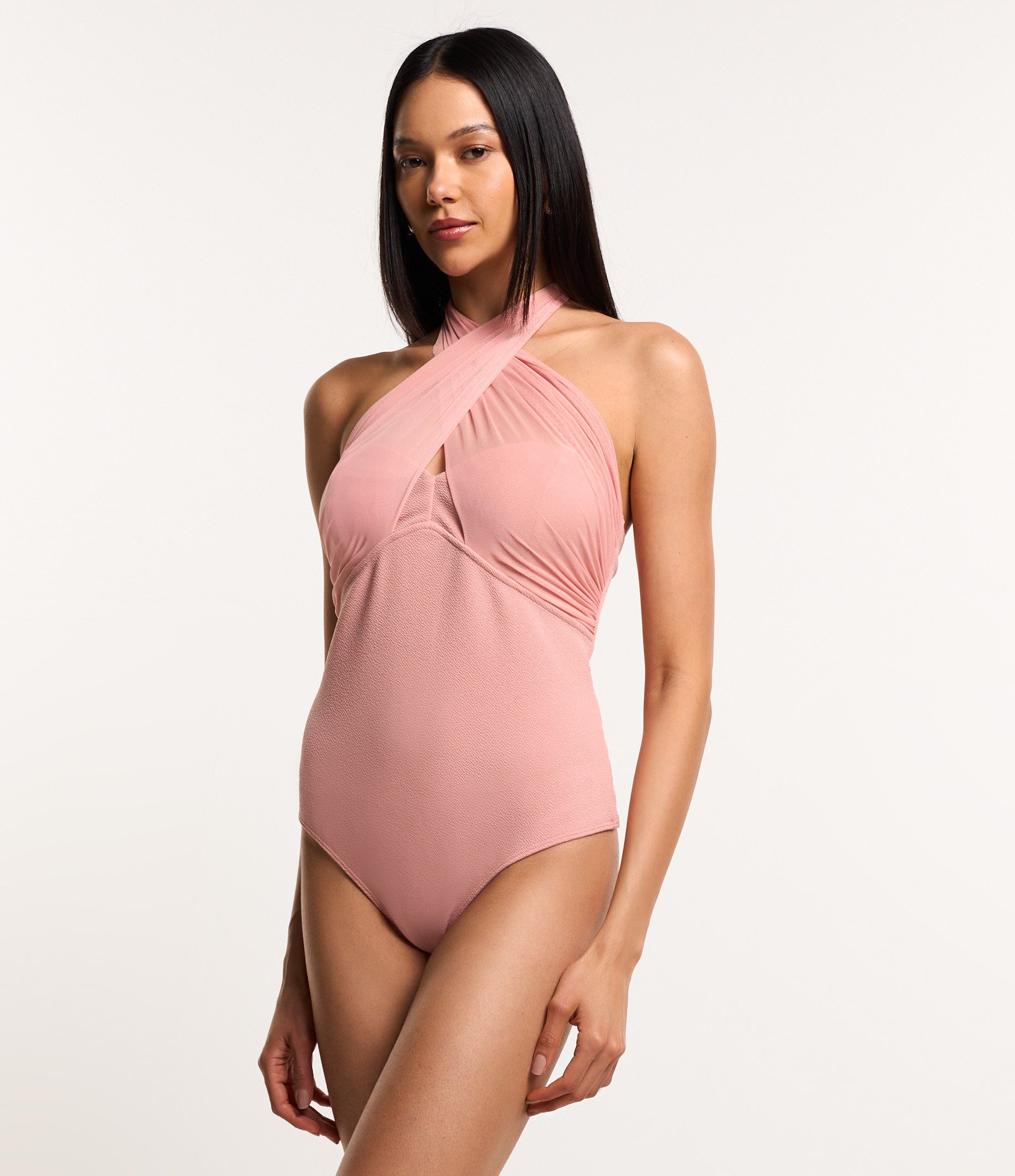 Body em Crepe com Tule e Decote Cruzado Rosa 3