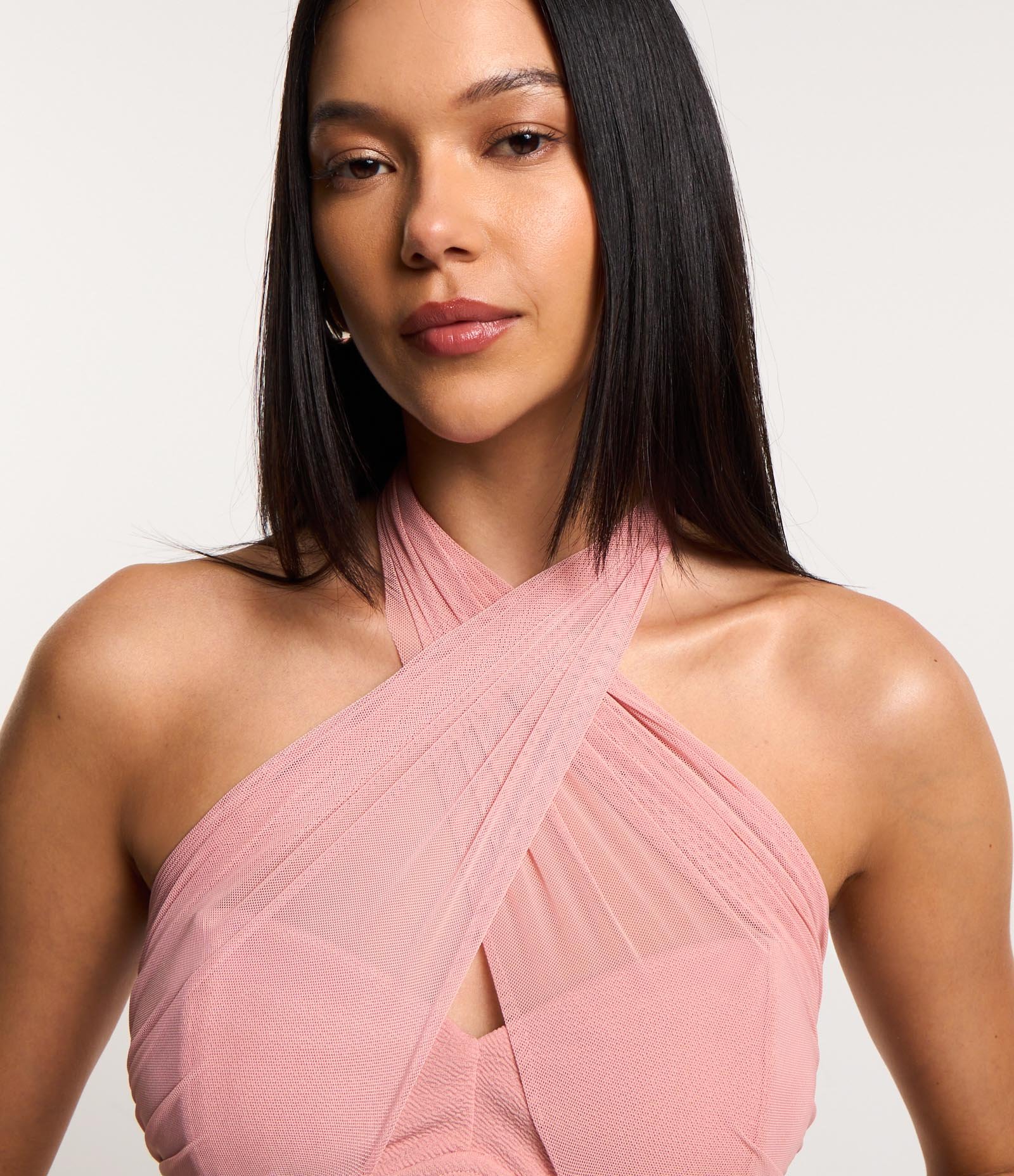Body em Crepe com Tule e Decote Cruzado Rosa 5