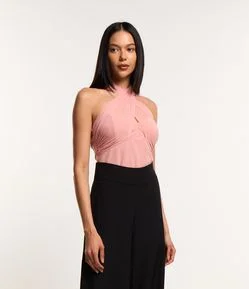Body em Crepe com Tule e Decote Cruzado