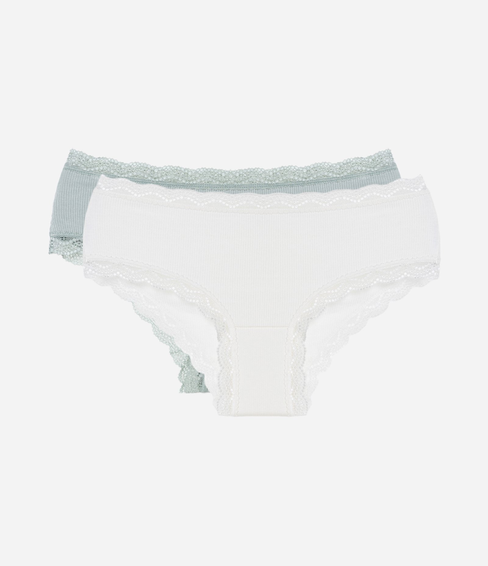 Kit 02 Calcinhas Boyshort em Viscose Canelada com Renda Verde/Off White 1