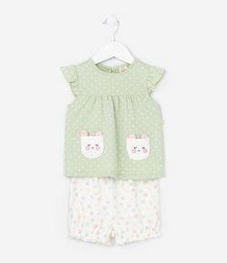 Conjunto Infantil com Bolsos Cara de Bichinho - Tam 0 a 18 meses