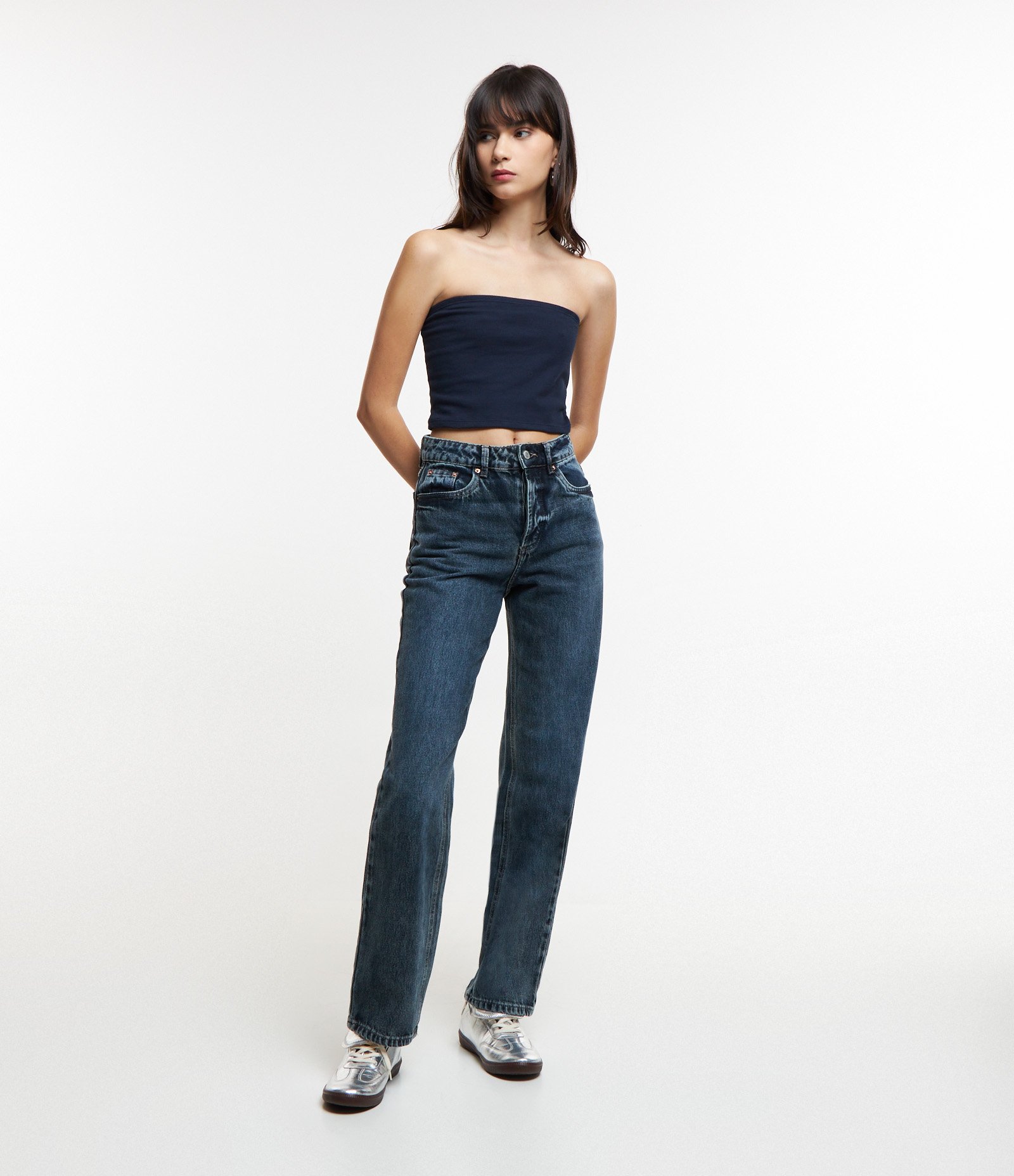 Blusa Tomara que Caia em Ribana com Textura Canelada Azul Marinho 2