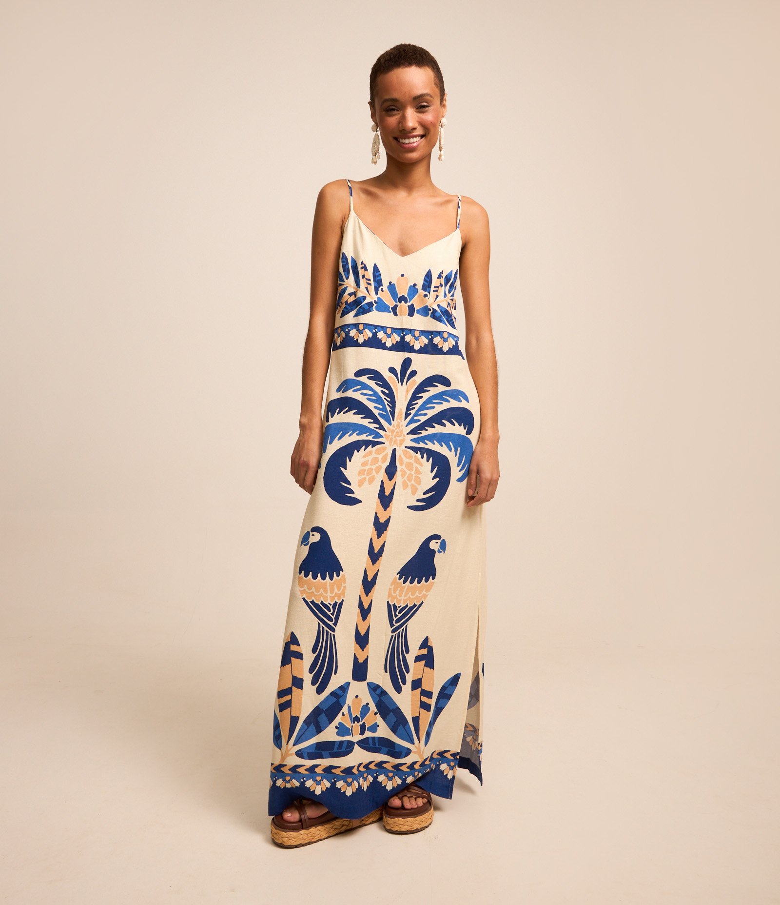 Vestido New Midi em Viscose e Linho com Estampa Tropical Bege 3