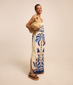 Vestido New Midi em Viscose e Linho com Estampa Tropical