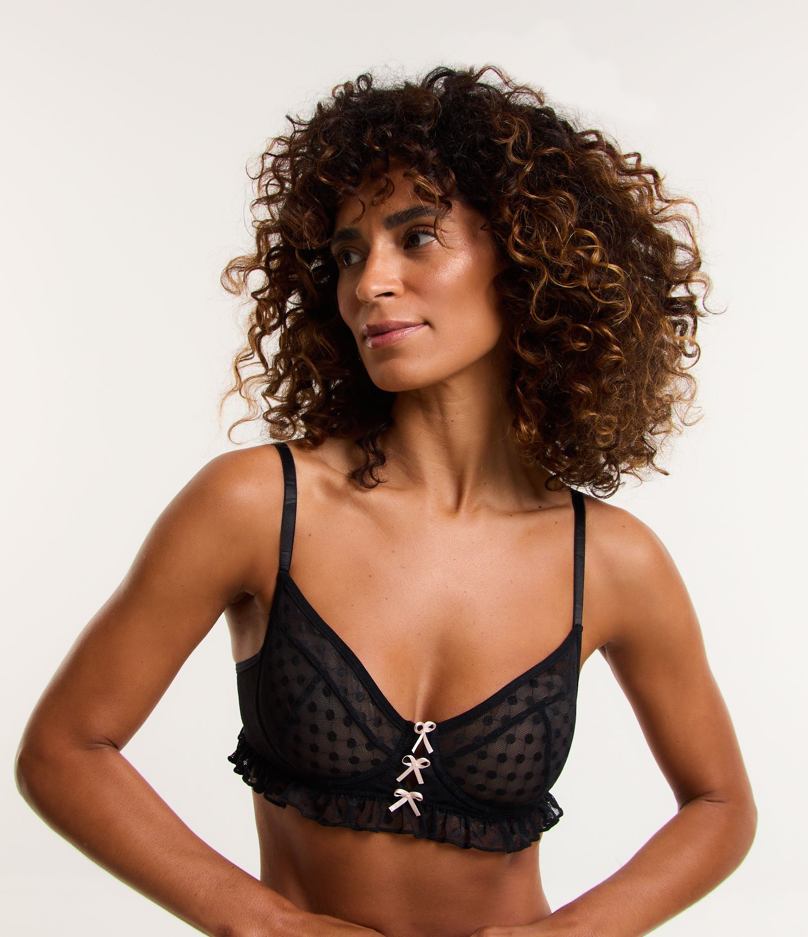 Sutiã sem Bojo com Aro em Tule Poá com Babadinhos Preto 1