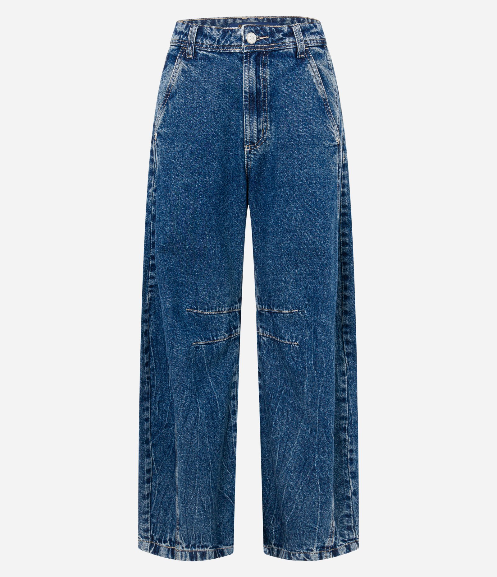 Calça Barrel em Jeans com Passantes no Cós e Bolsos Azul 5