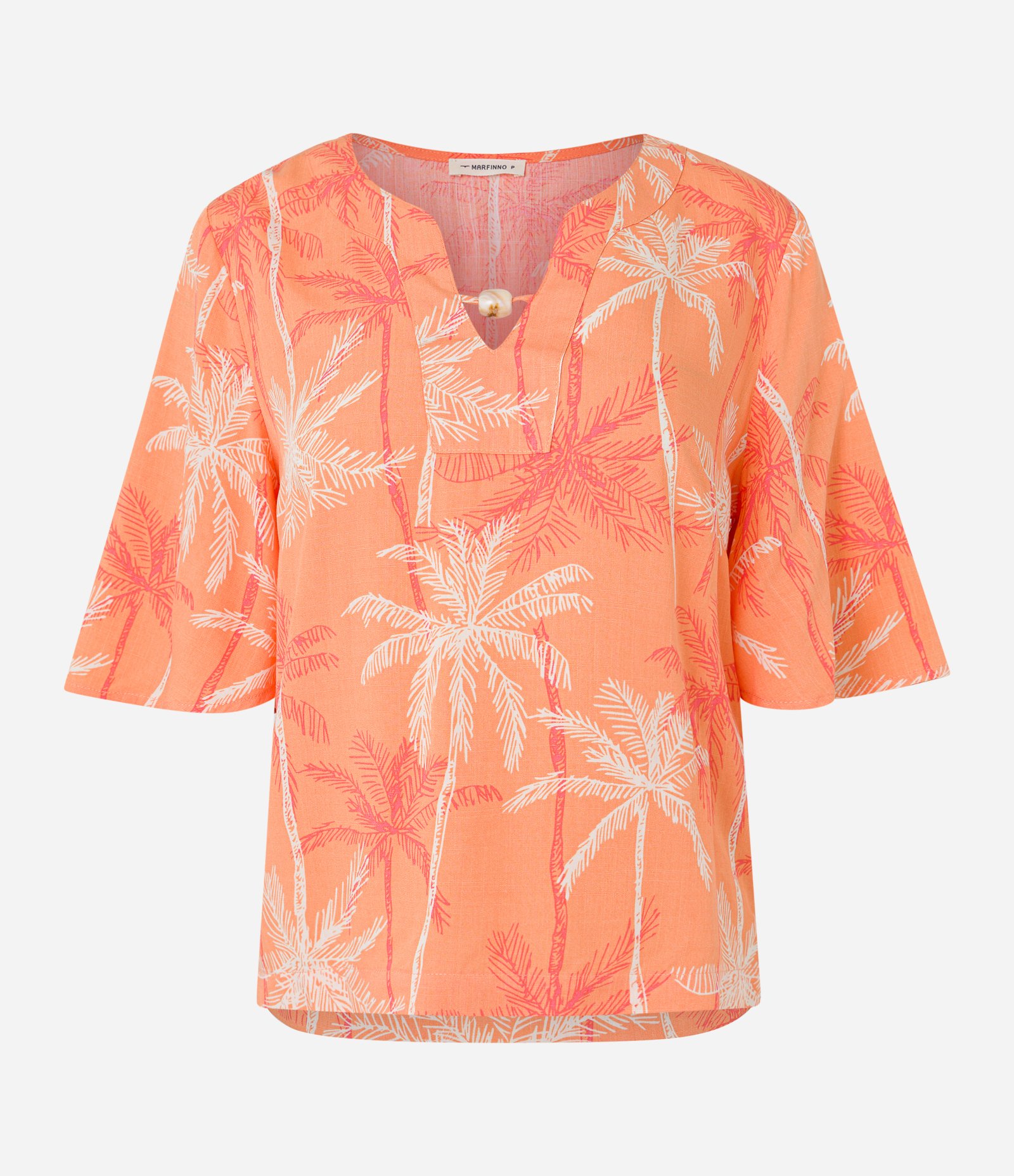 Blusa em Viscose com Miçanga na Gola e Coqueiros Estampados Laranja 5