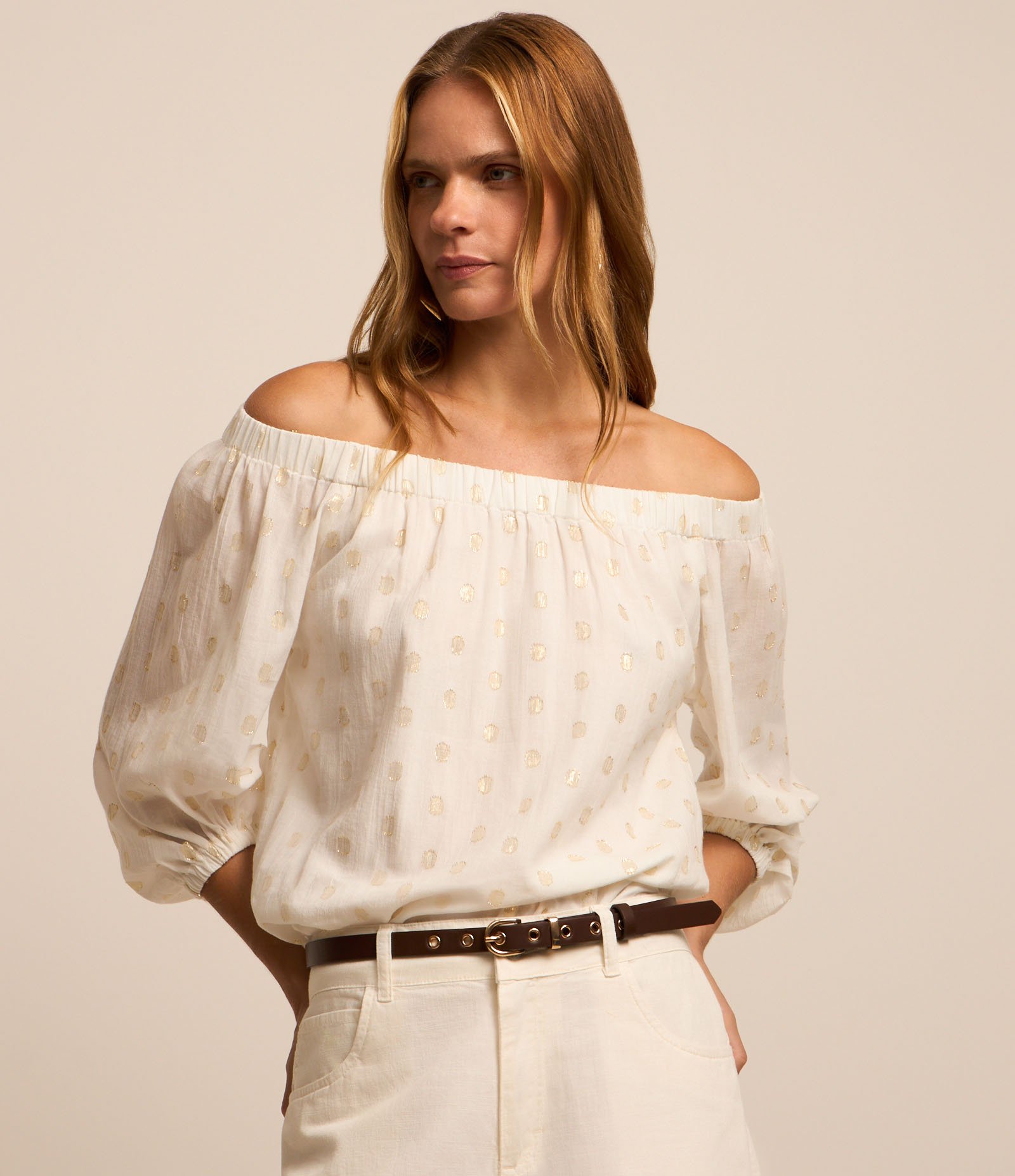 Blusa Ombro a Ombro em Tricoline com Poá em Foil Branco 1