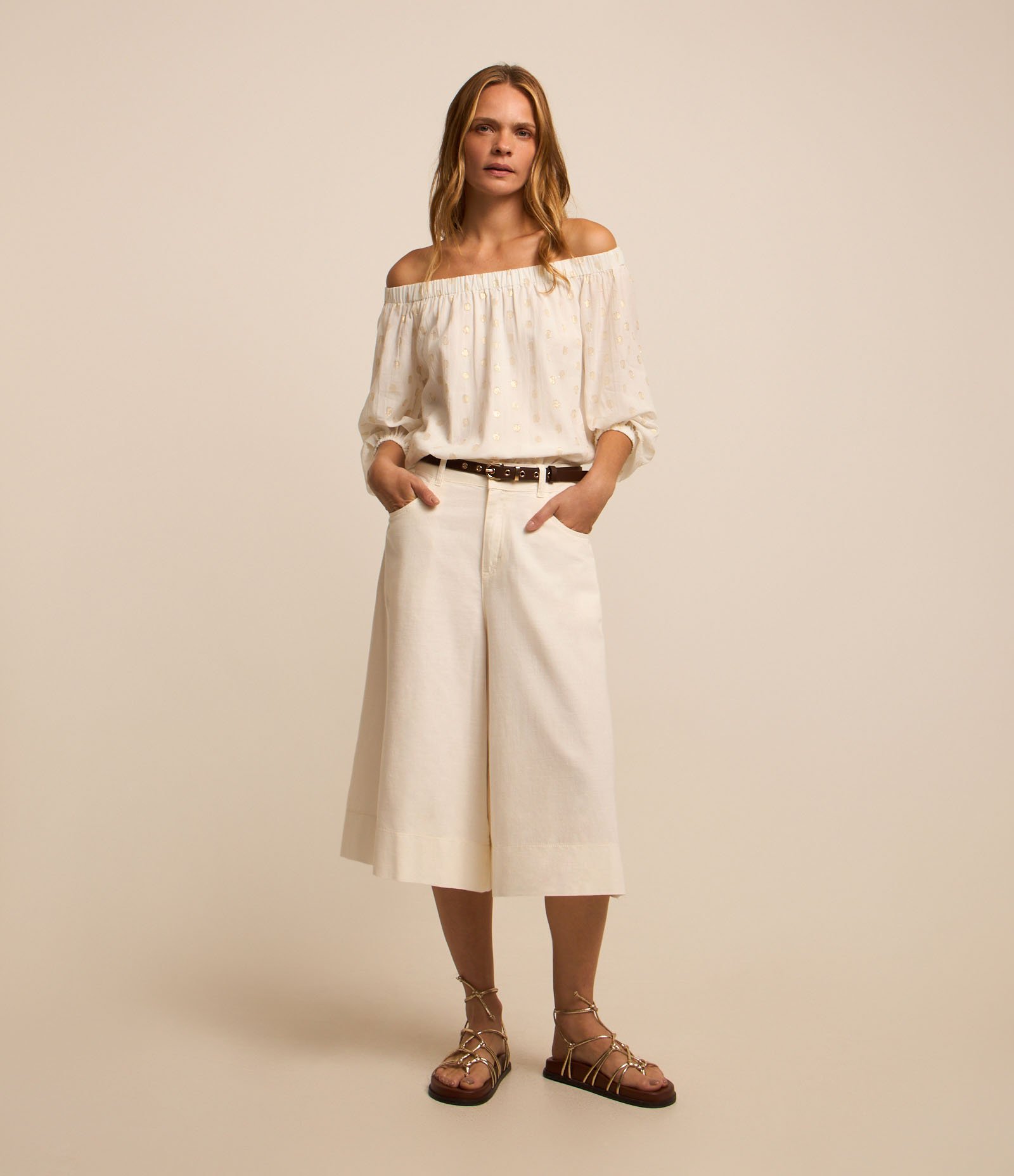 Blusa Ombro a Ombro em Tricoline com Poá em Foil Branco 2