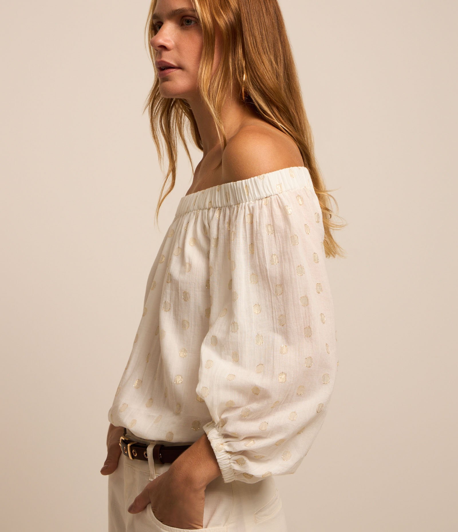 Blusa Ombro a Ombro em Tricoline com Poá em Foil Branco 4