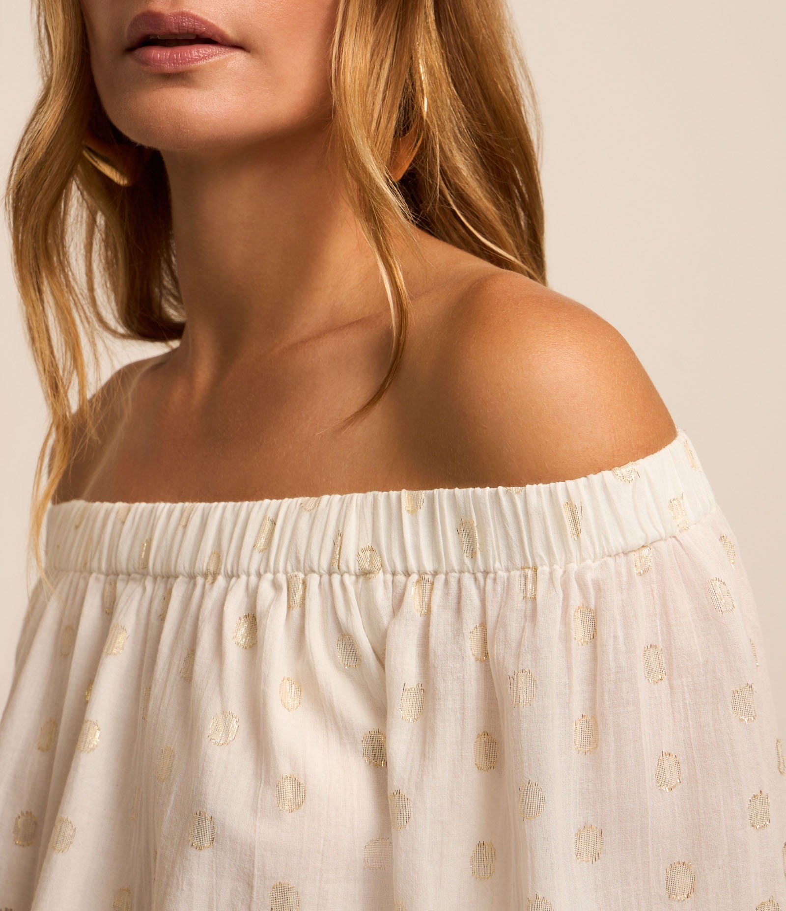 Blusa Ombro a Ombro em Tricoline com Poá em Foil Branco 5