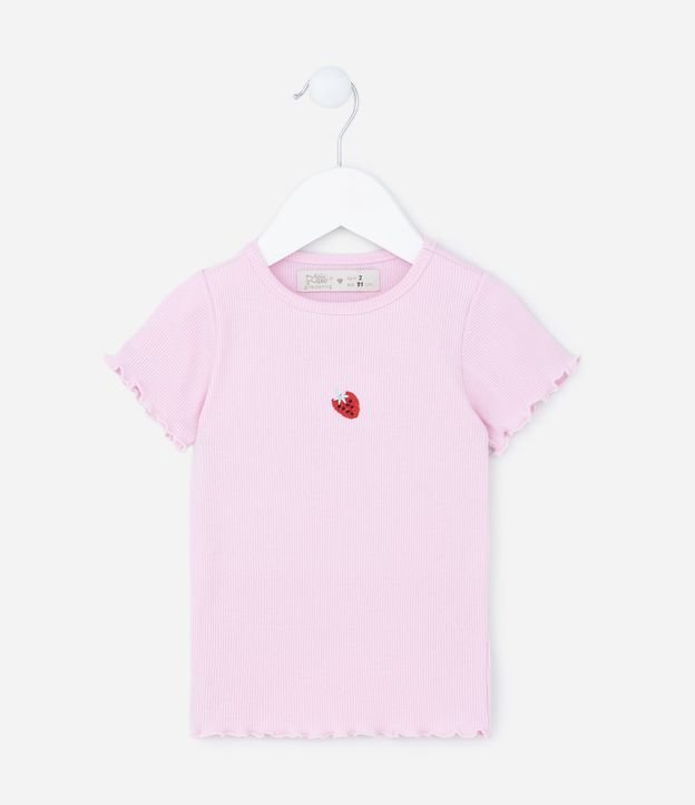 Blusa Infantil em Ribana com Bordado Moranguinho e Costura Frufru - Tam 1 a 5 anos