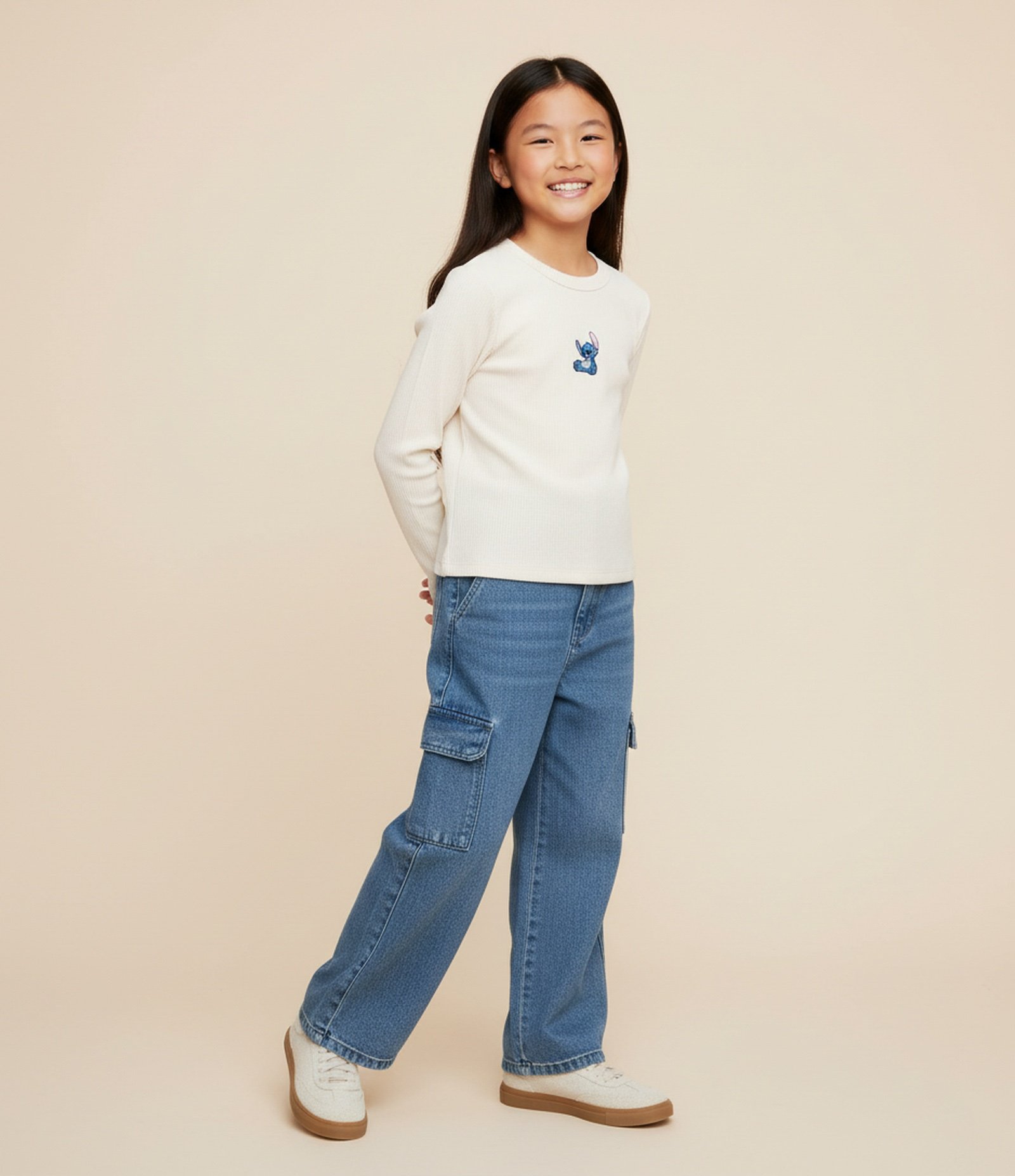 Calça Infantil Wide Leg em Jeans com Bolsos Cargo  - Tam 5 a 14 anos Azul 1