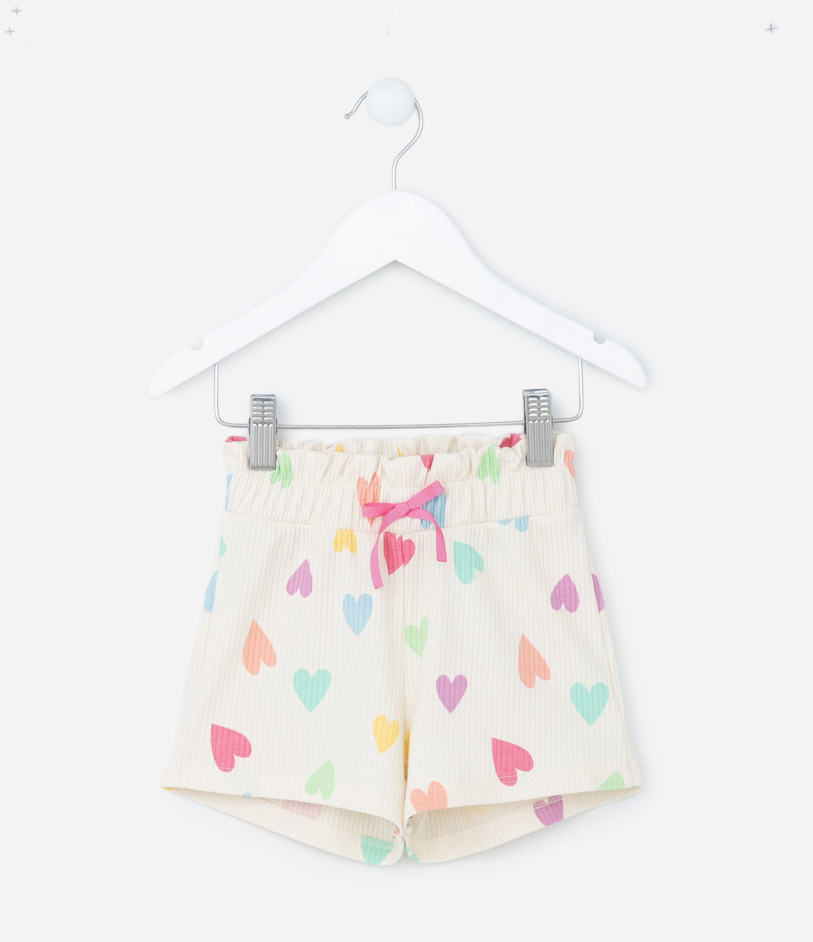 Short Clochard Infantil Caneladinho com Estampa de Corações - Tam 1 a 5 anos Bege 1