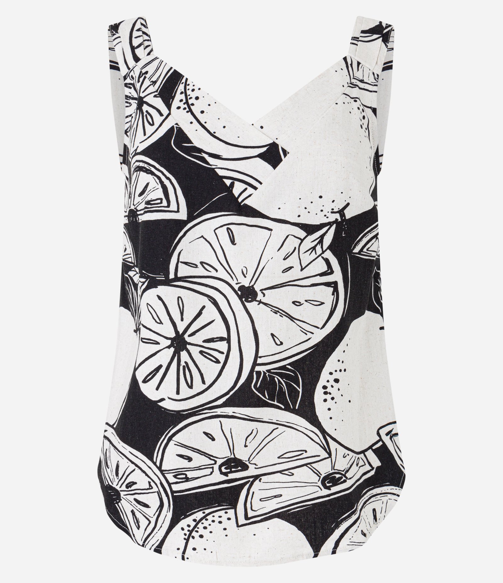 Blusa Sem Manga em Viscolinho com Limões Estampados Preto 4