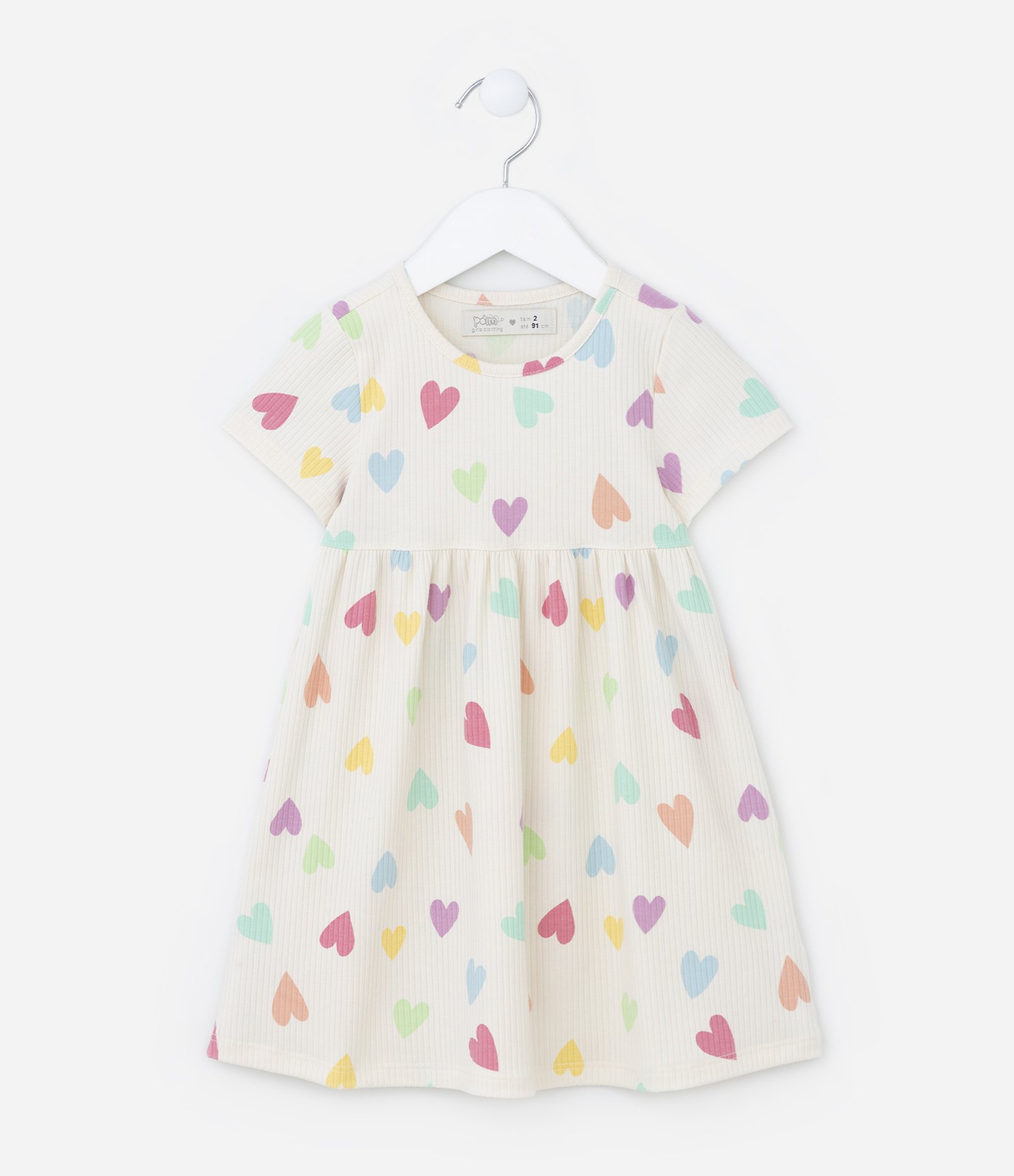 Vestido Infantil Canelado com Estampa de Corações - Tam 1 a 5 Anos Bege 1
