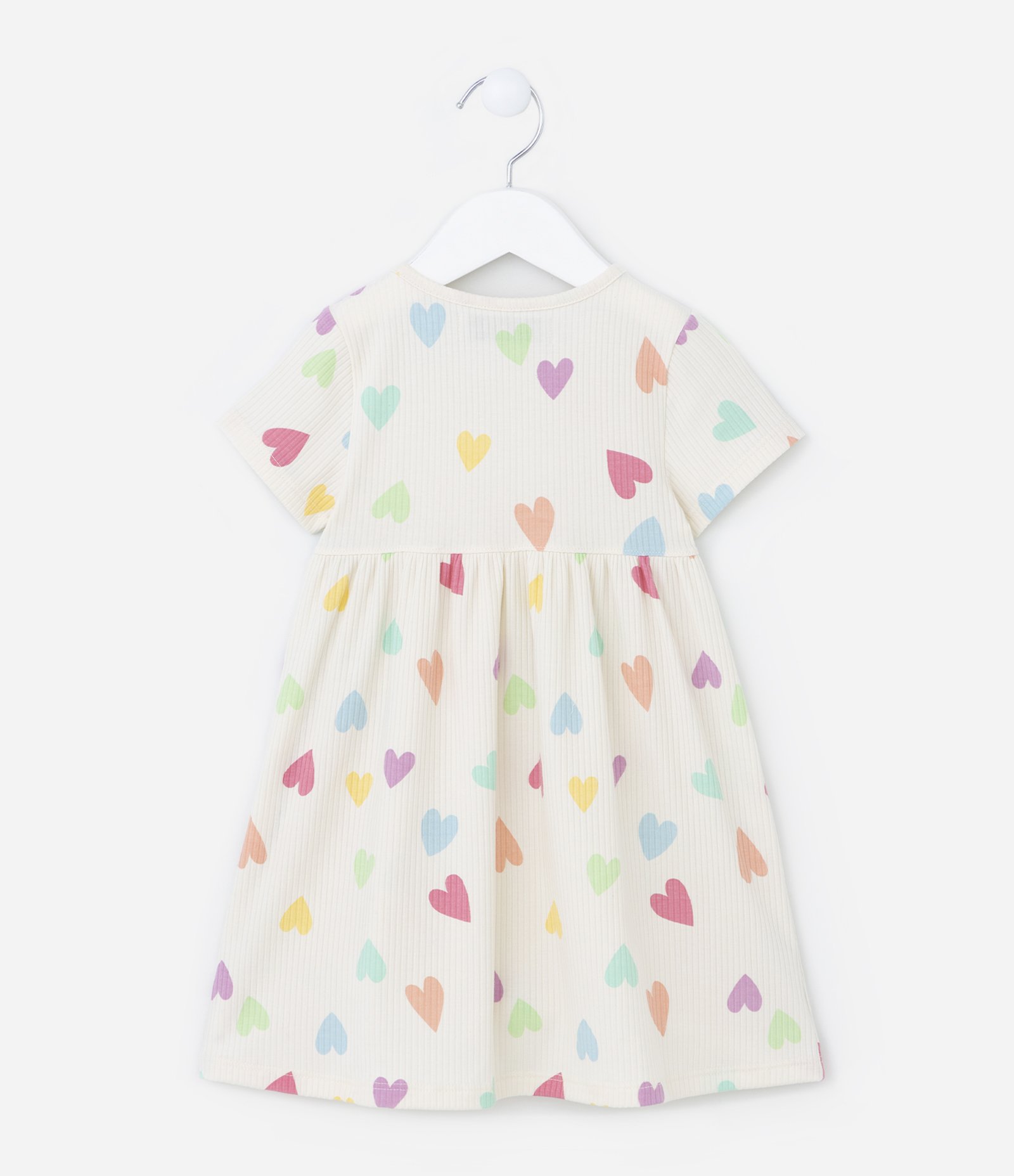 Vestido Infantil Canelado com Estampa de Corações - Tam 1 a 5 Anos Bege 2