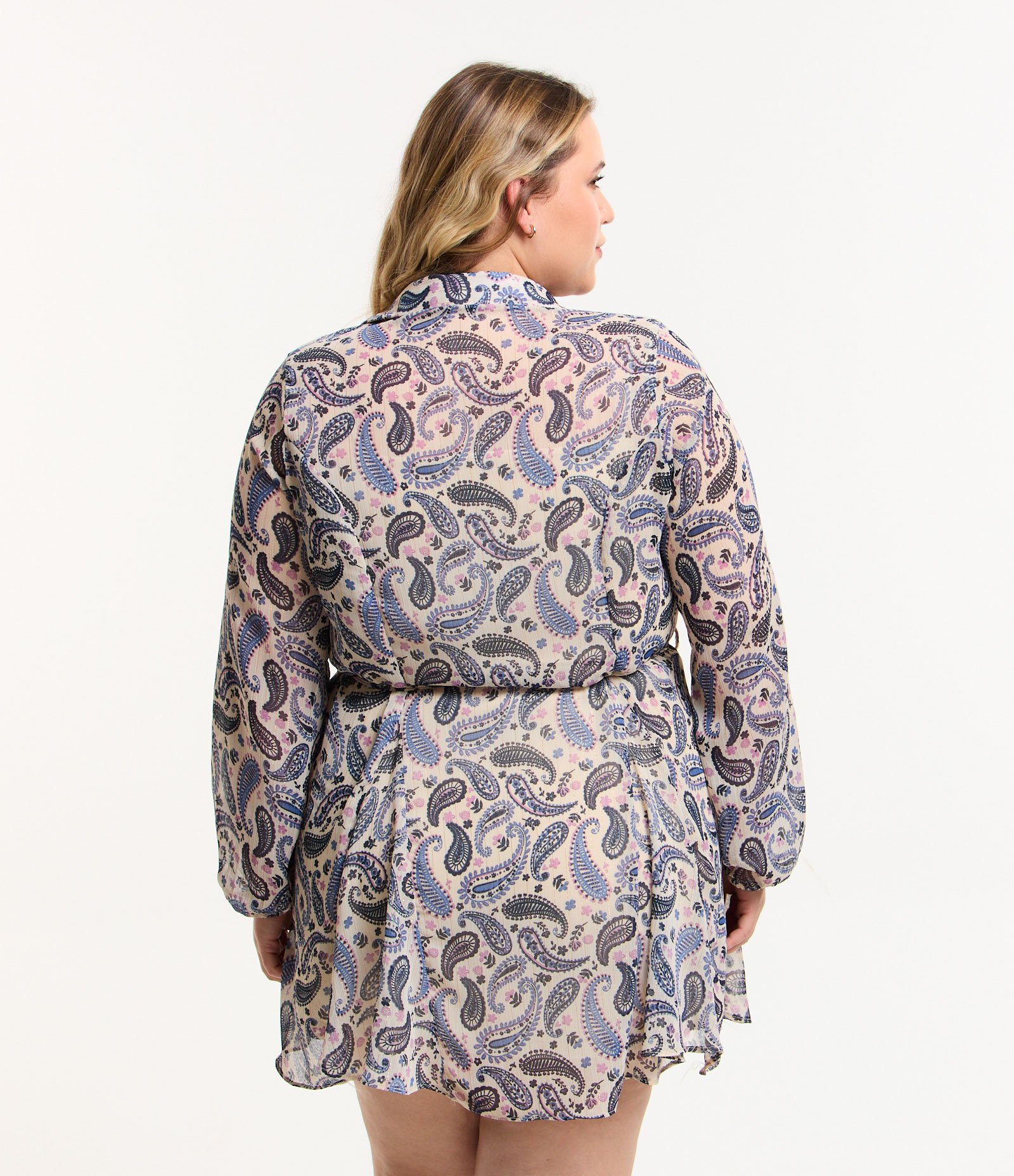 Vestido Curto em Chiffon Paisley com Amarração na Cintura Curve & Plus Size Bege/Azul 3