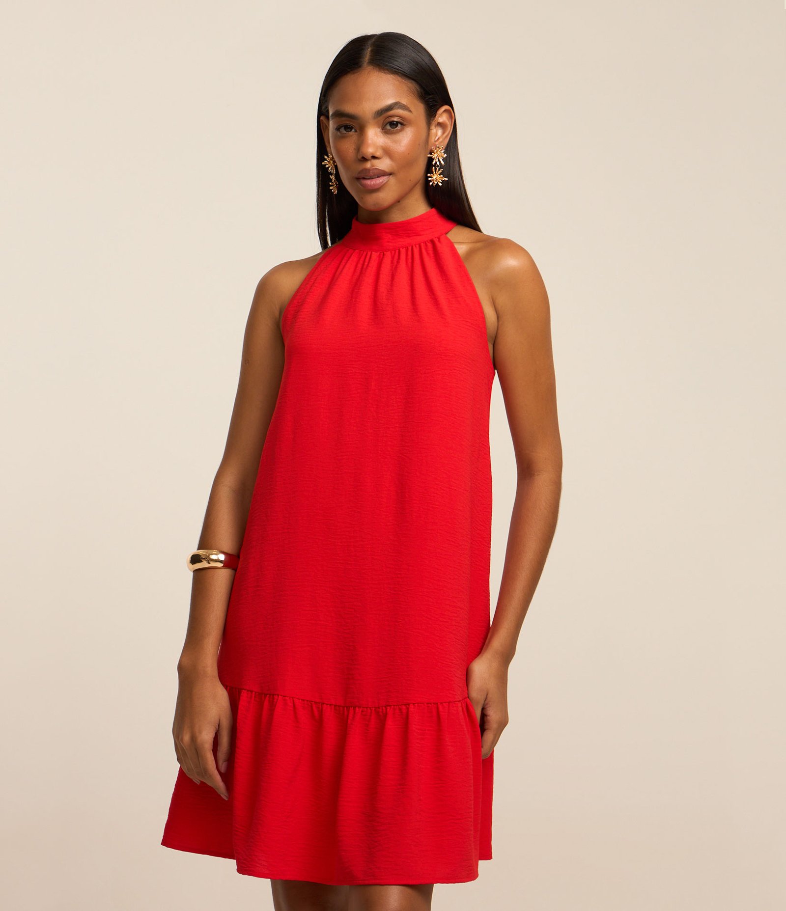 Vestido Airflow Sem Manga com Gola Alta e Franzido Vermelho Escarlate 1