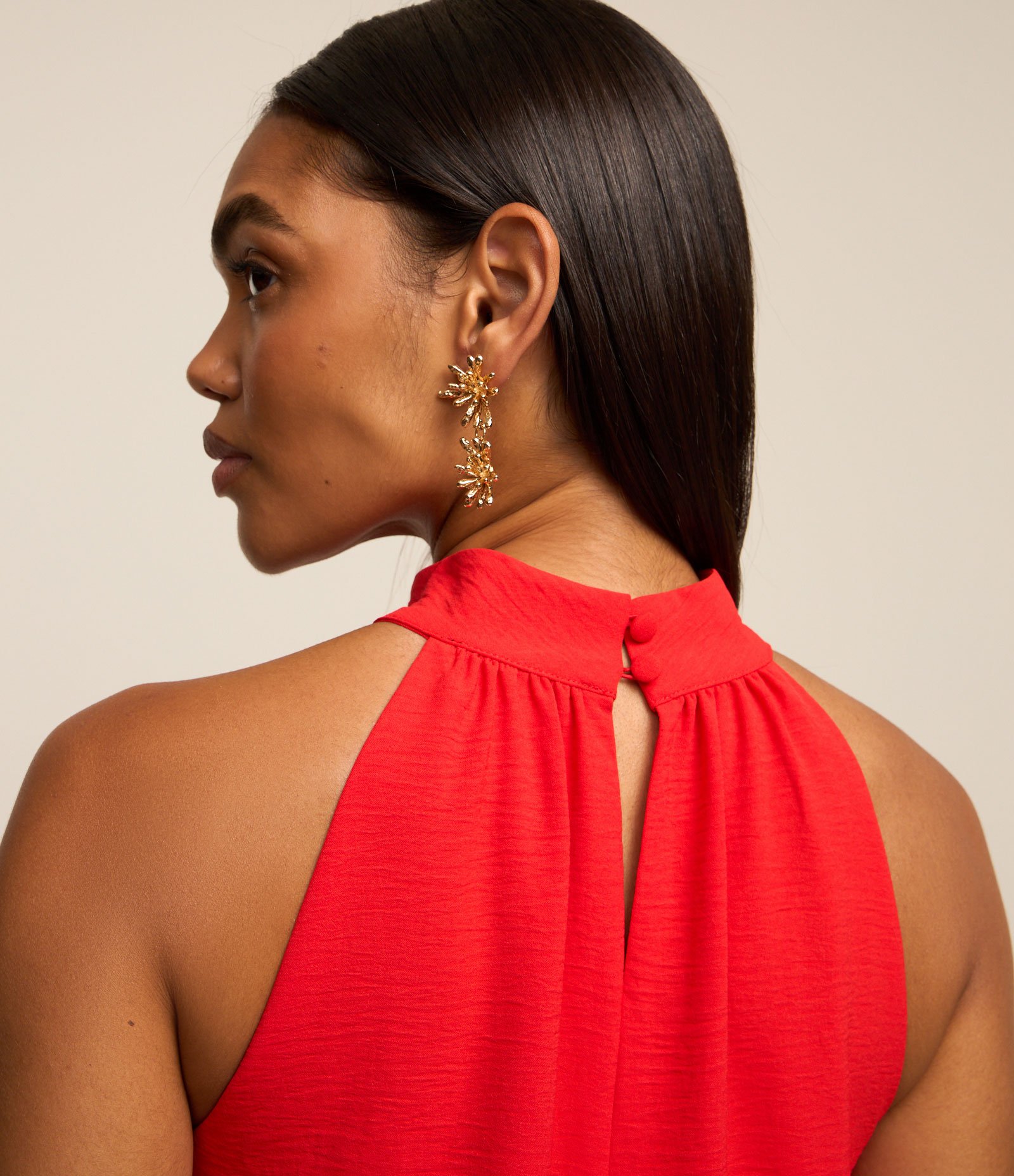 Vestido Airflow Sem Manga com Gola Alta e Franzido Vermelho Escarlate 3