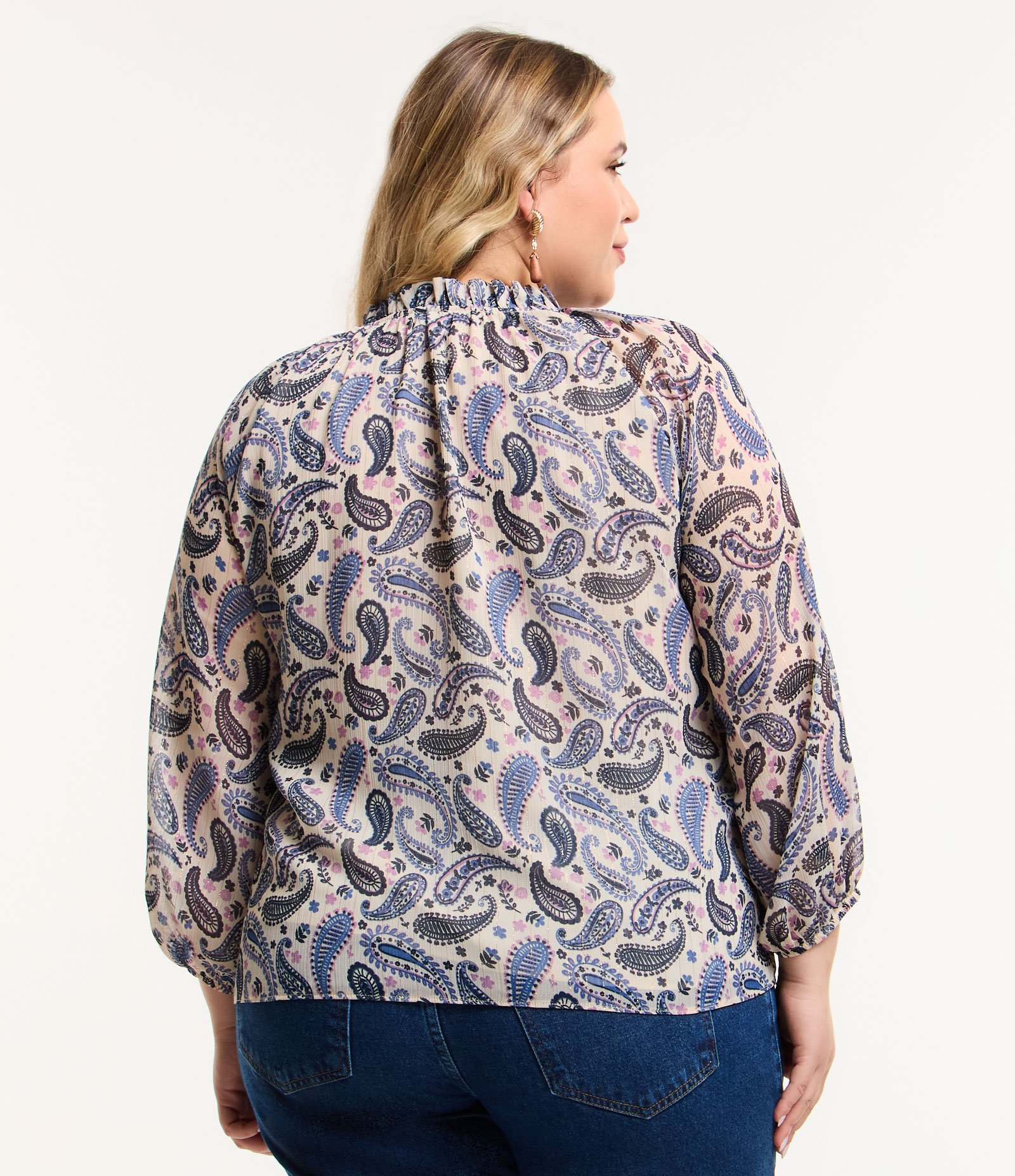 Blusa em Chiffon com Estampa Floral Paisley Curve & Plus Size Bege/Azul 3