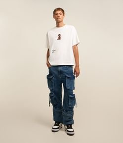 Calça Baggy em Jeans com Bolsos e Puxadores
