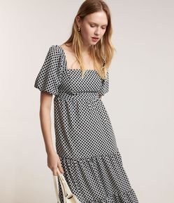 Vestido Midi em Crepe com Manga Bufante e Recortes na Saia