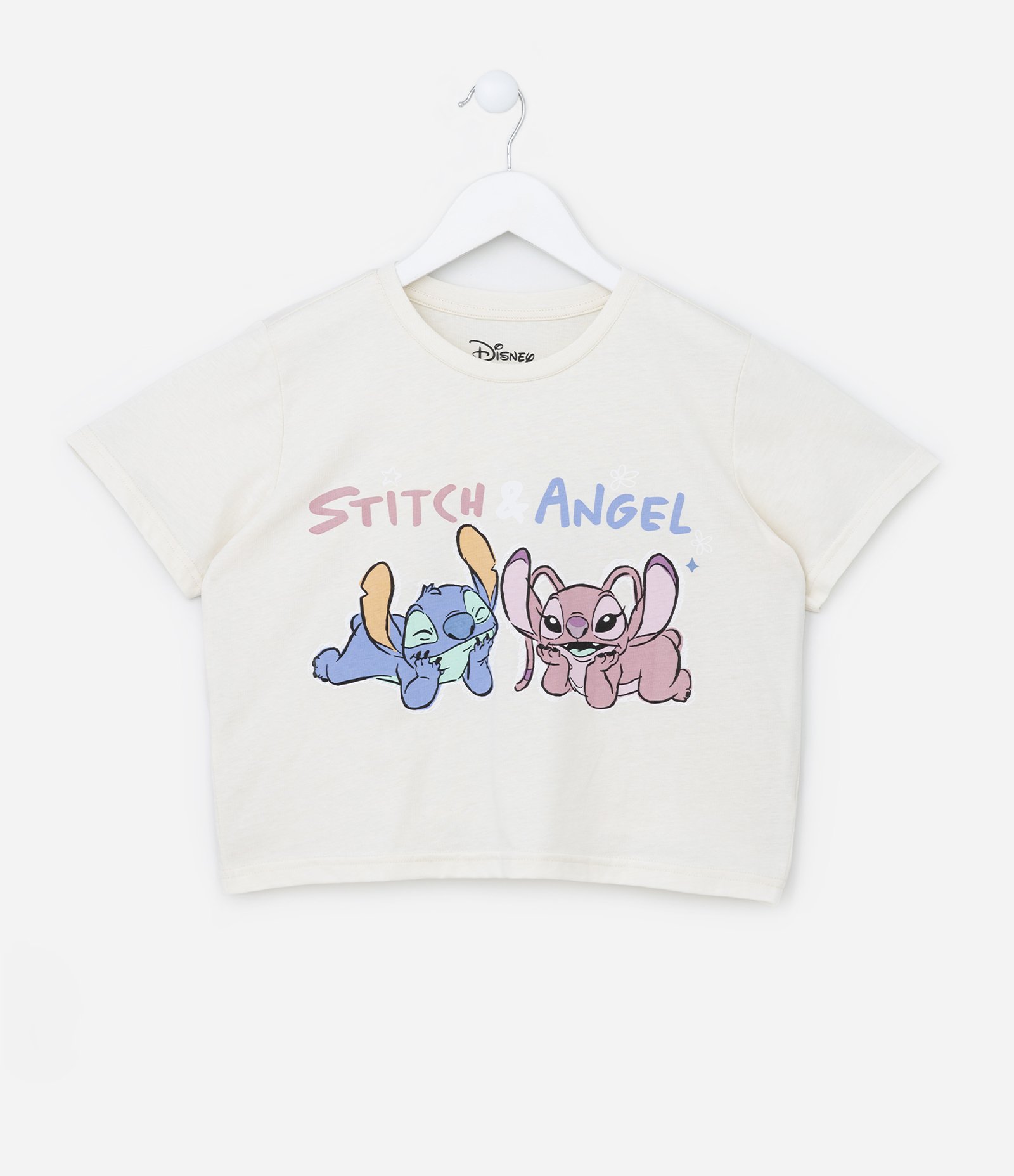 Camiseta Curta Infantil com Estampa Stitch e Angel - Tam 5 a 14 Anos Off White 1