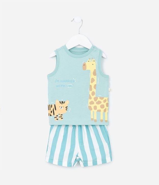 Conjunto Infantil com Regata e Short Estampados com Tigre e Girafa - Tam 0 a 18 meses