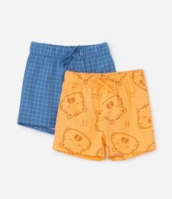 Kit 02 Bermudas Infantis com Estampa Quadriculado e Bichinho - Tam 0 a 18 meses