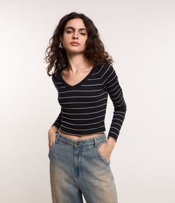 Blusa em Algodão com Listras e Decote V