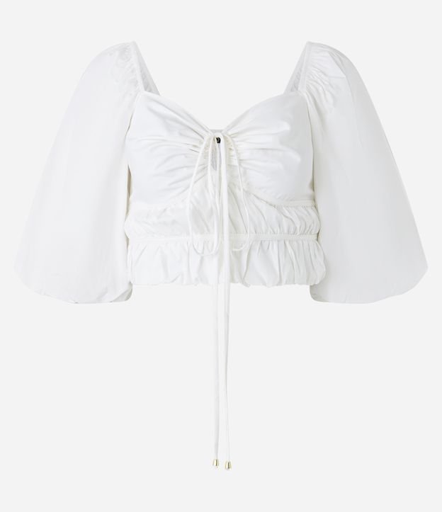 Blusa Cropped em Tricoline com Manga Balonê e Amarração