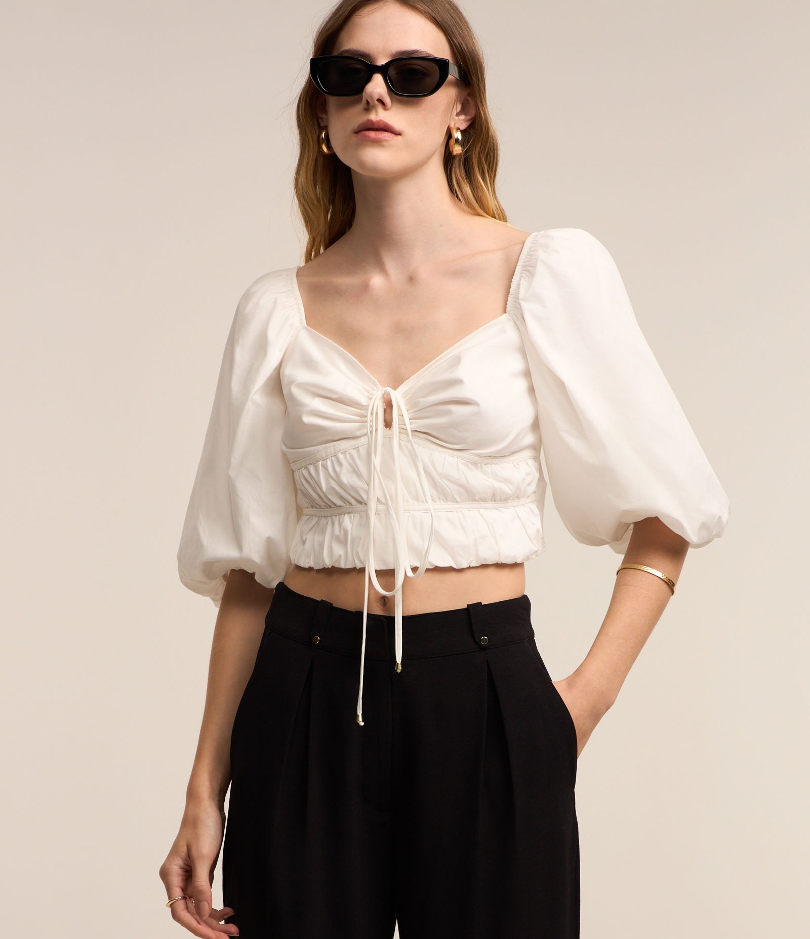 Blusa Cropped em Tricoline com Manga Balonê e Amarração Branco Neve 4