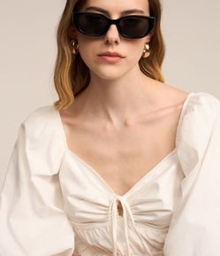 Blusa Cropped em Tricoline com Manga Balonê e Amarração