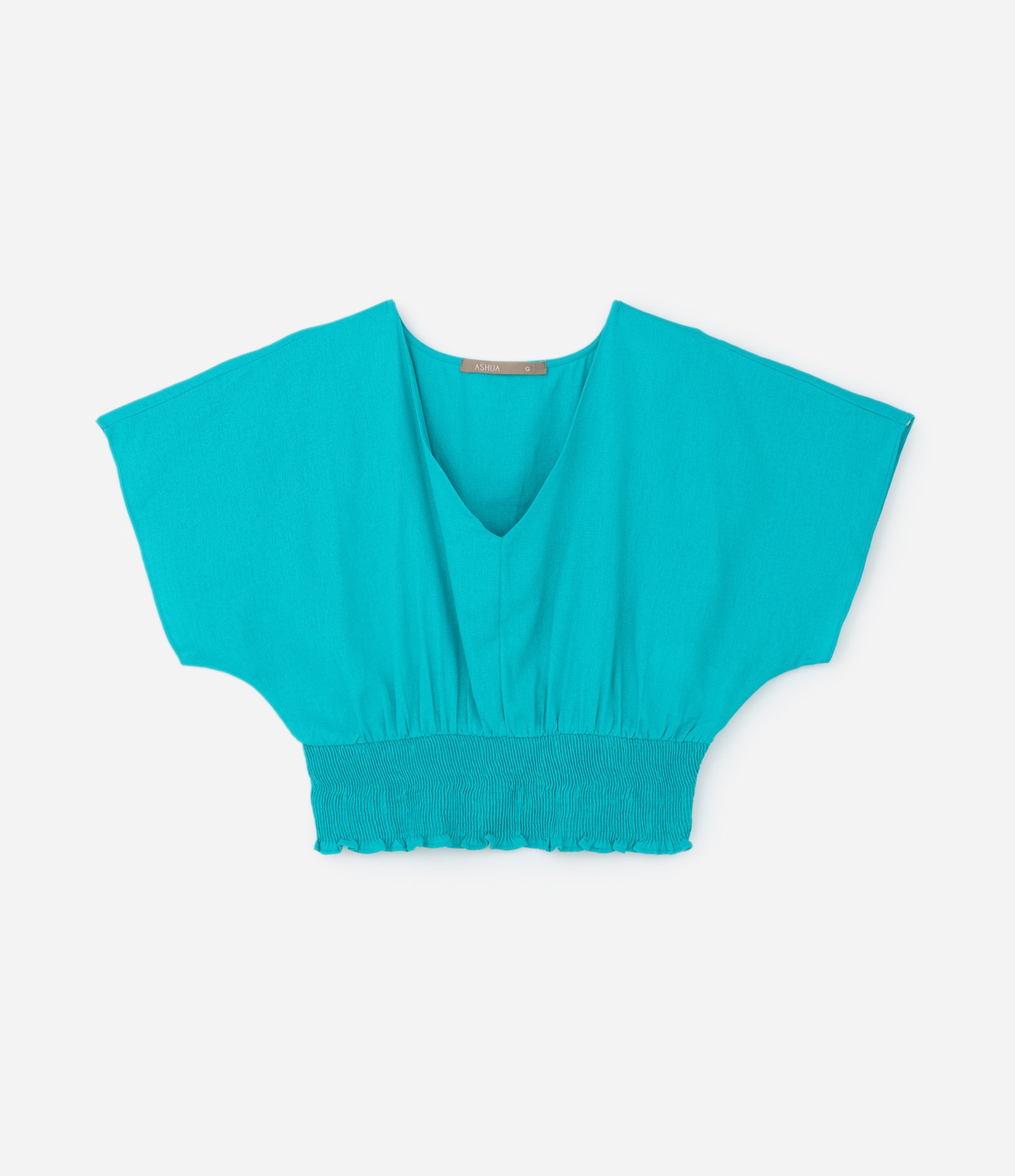 Blusa Cropped em Viscose e Linho com Decote V e Lastex Curve & Plus Size Verde Turquesa 5