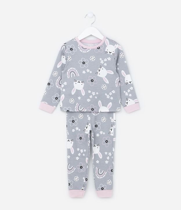 Pijama Infantil Longo em Ribana Estampa Coelhinho e Arco-Íris - Tam 2 a 4 anos