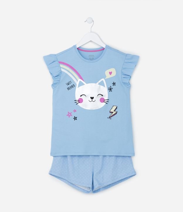 Pijama Curto Infantil em Algodão Estampa Gatinho em Foil - Tam 5 a 14 anos