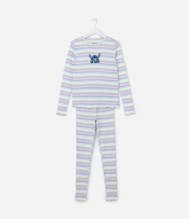 Pijama Infantil Longo em Ribana com Listras Estampa Stitch - Tam 5 a 14 anos