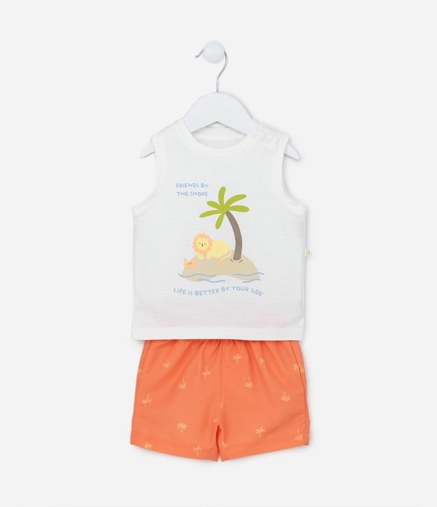 Conjunto Infantil de Regata Estampada com Bichinhos na Praia e Short com Coqueirinhos - Tam 0 a 18 meses